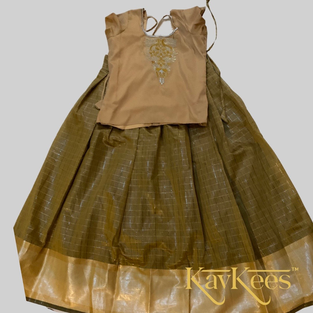 Collection Chakori- Khakhi Brown Checks patterned long bordered skirt with Buff Cream Dupioni/ Dupion Silk Blouse with Embroidery