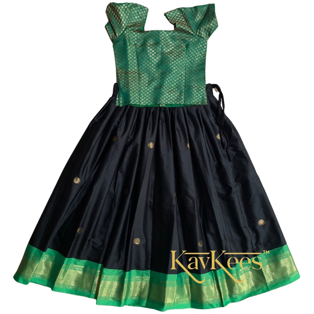 Collection Mahathi - Black with Parrot Green Paithani Silk Cotton Skirt and Green Brocade Blouse