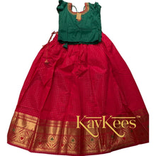 Load image into Gallery viewer, Collection Chakori - Tomato Red Checks-patterned Skirt having a long Benarasi Border with Leaf Green Heart Embroidered Dupion Blouse
