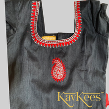 Load image into Gallery viewer, Collection Mahathi-Crimson Red with Black Bordered Paithani Skirt and Embroidered Black Blouse
