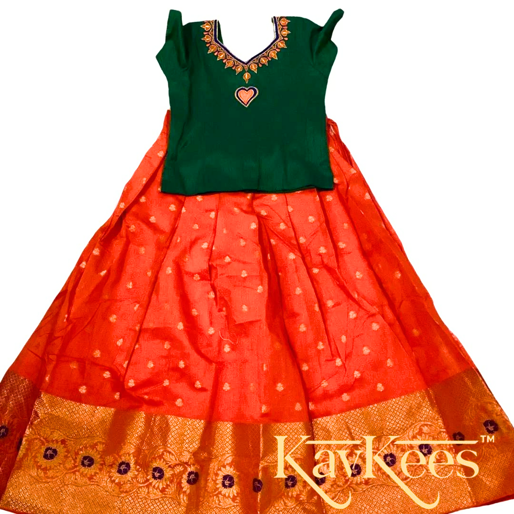 Collection Chandira- Bright Orange Chanderi Cotton Silk with Leaf Green Dupion Silk Blouse