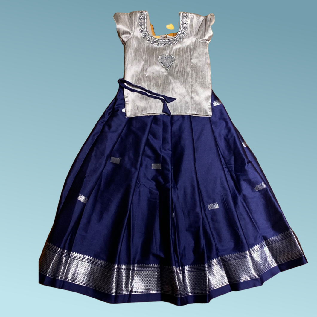 Collection Mahathi - Navy-Blue with Silver Zari Paithani Skirt with Silver Dupion Silk Blouse -heart
