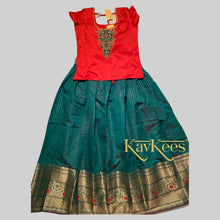 Load image into Gallery viewer, Collection Chakori - Green Checks-patterned Skirt having a long Benarasi Border with Red Embroidered Blouse
