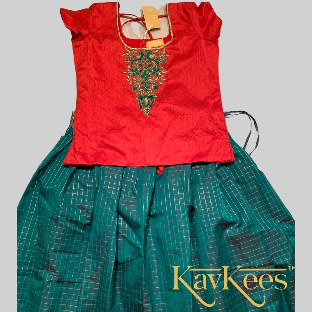 Collection Chakori - Green Checks-patterned Skirt having a long Benarasi Border with Red Embroidered Blouse
