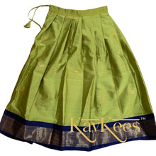 Load image into Gallery viewer, Collection Mahathi - Bright Olive with Navy Blue Border Silk Cotton Skirt and Navy Blue Blouse with Embroidery
