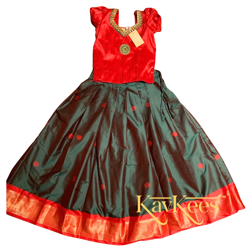 Collection Mahathi -Forest Green with Red Border Paithani Silk Cotton Skirt and Red Dupioni Silk blouse