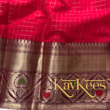Load image into Gallery viewer, Collection Chakori - Bright Red Checks-patterned Skirt having a long Benarasi Border with Purple Embroidered Blouse
