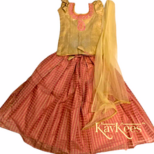 Load image into Gallery viewer, Collection Chakori - Pink and Beige Checks-patterned Lehenga with Gold Khiccha Silk Embroidered Blouse with Dupatta with Beige Net Dupatta
