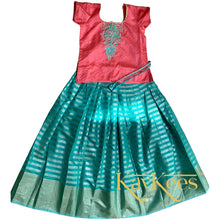 Load image into Gallery viewer, Collection Rekha - Turquoise Green Stripes with Taffy Pink Embroidered Brocade Blouse
