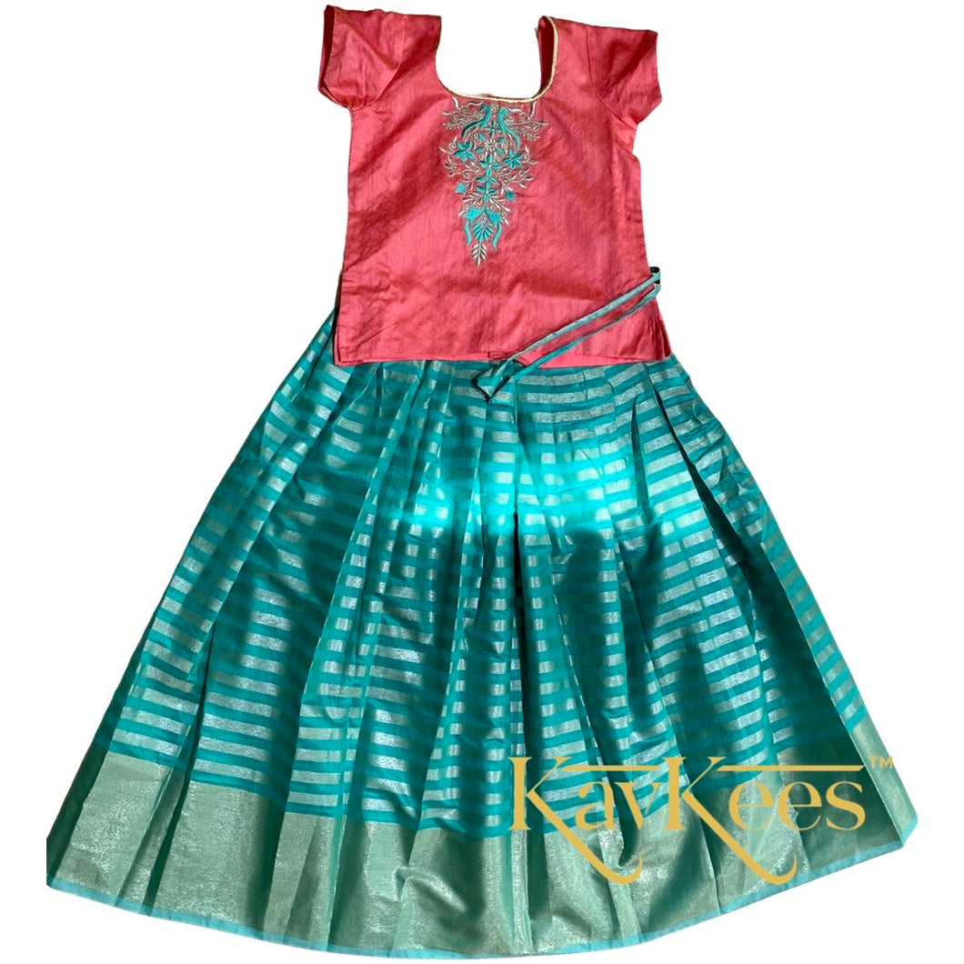 Collection Rekha - Turquoise Green Stripes with Taffy Pink Embroidered Brocade Blouse
