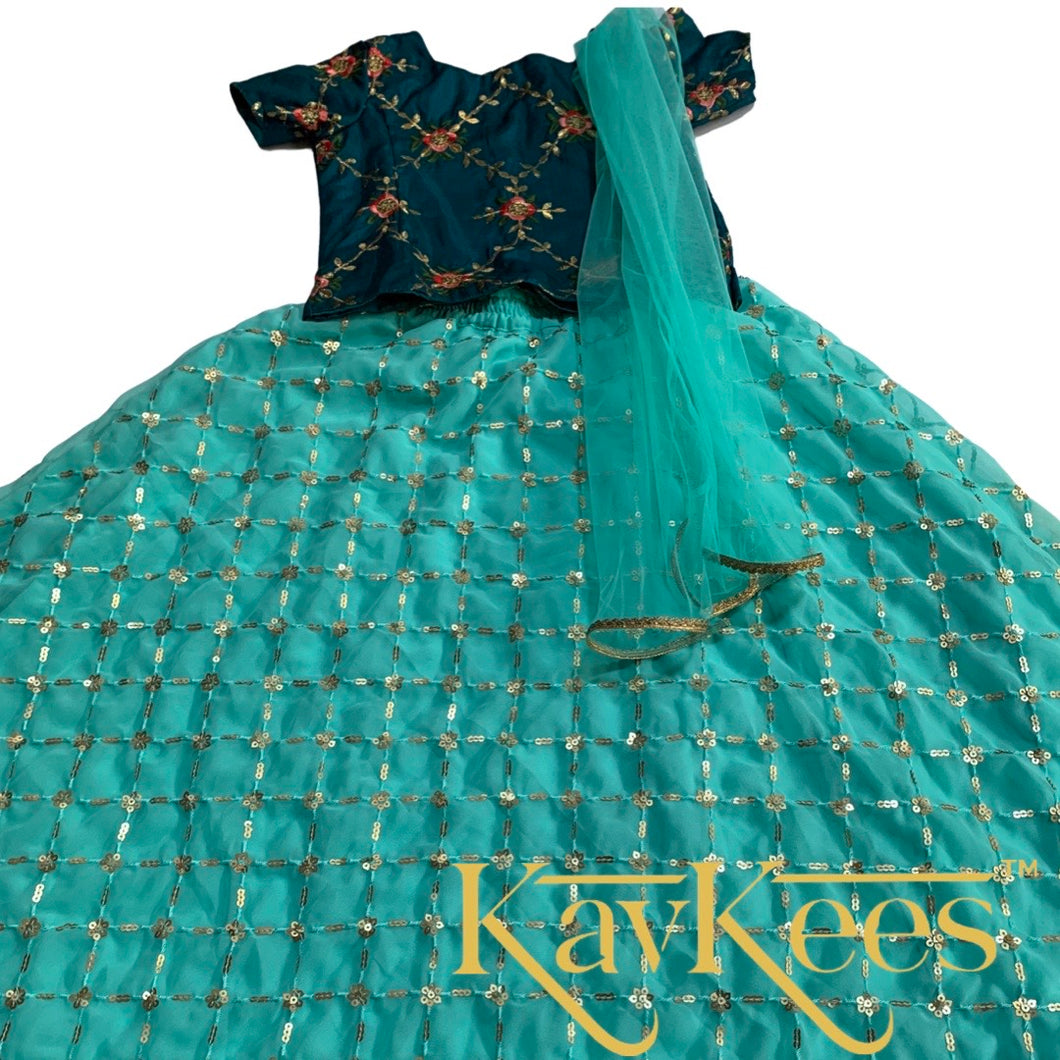 Collection Gagana - Turquoise Green with all over Gold sequence work Georgette Lehenga with Pine Green Jalpari Silk with all-over Embroidered Blouse