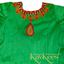 Load image into Gallery viewer, Collection Chakori - Red and Parrot Green Checks-patterned Lehenga with Parrot Green Cotton Brocade Embroidered Blouse
