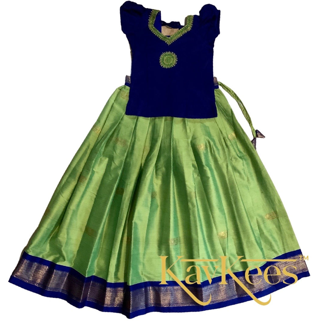 Collection Mahathi - Parrot Green with Royal Blue Border Silk Cotton Skirt and Royal Blue Blouse with Embroidery