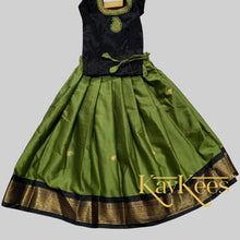Load image into Gallery viewer, Collection Mahathi - Olive Green with Black Border Silk Cotton Skirt and Black Blouse with Embroidery
