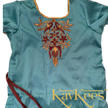 Load image into Gallery viewer, Collection Mahathi - Dark Brown with Aqua Blue Border Silk Cotton Skirt and Aqua Blue Silk Blouse with Embroidery
