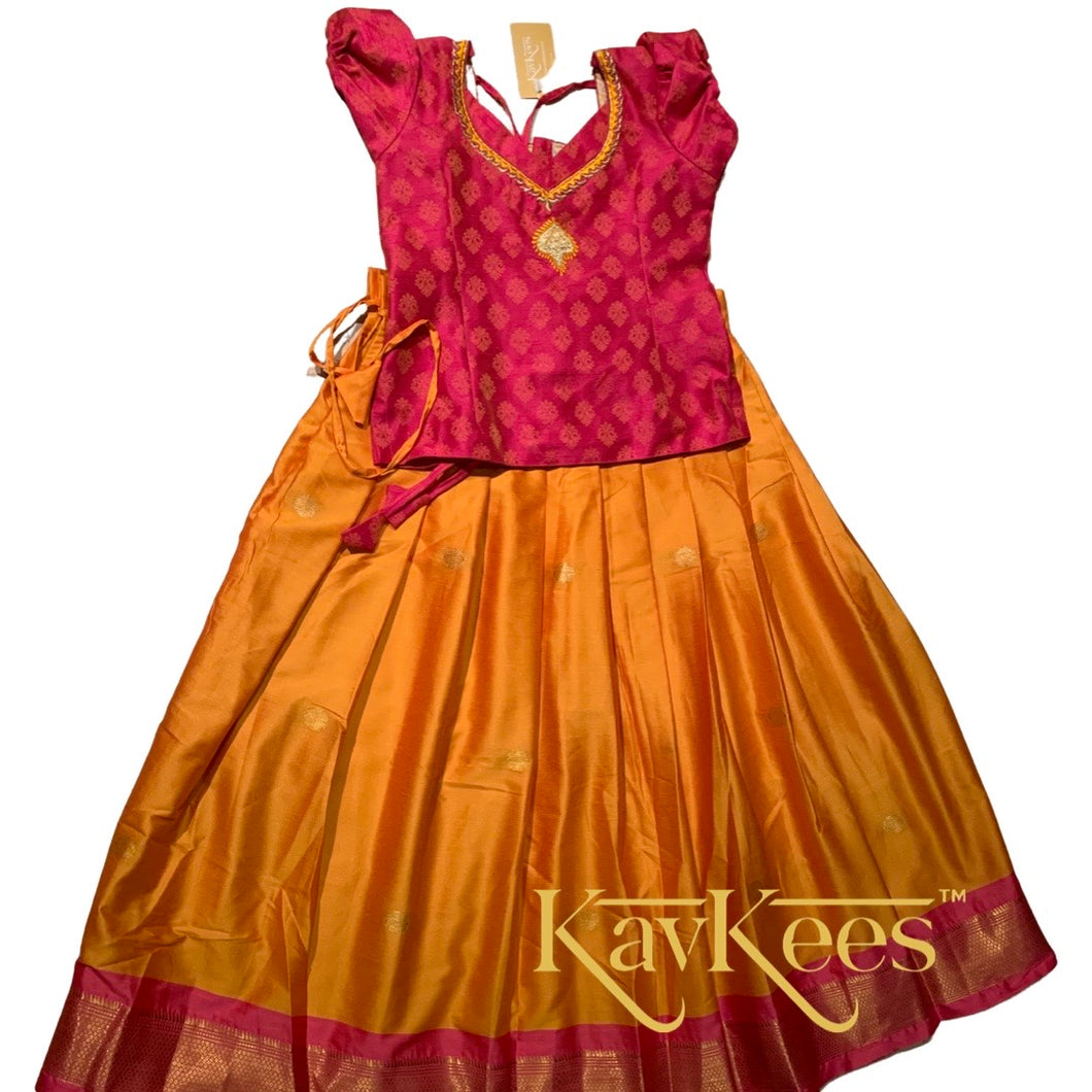 Collection Mahathi - Honey Yellow with Pink Border Silk Cotton Skirt and Pink Brocade Blouse with Embroidery