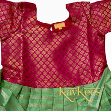 Load image into Gallery viewer, Collection Gowri - Bright Green Gold Stripes Chanderi Silk Cotton Long Frock/Gown with Hot Pink Gold Brocade Bodice
