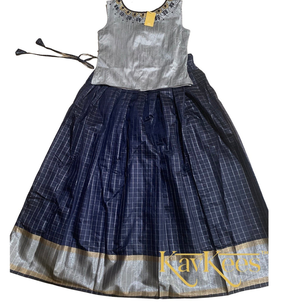 Collection Chakori - Navy Blue all-over Silver, Gold checkered Skirt with Silver Embroidered Blouse