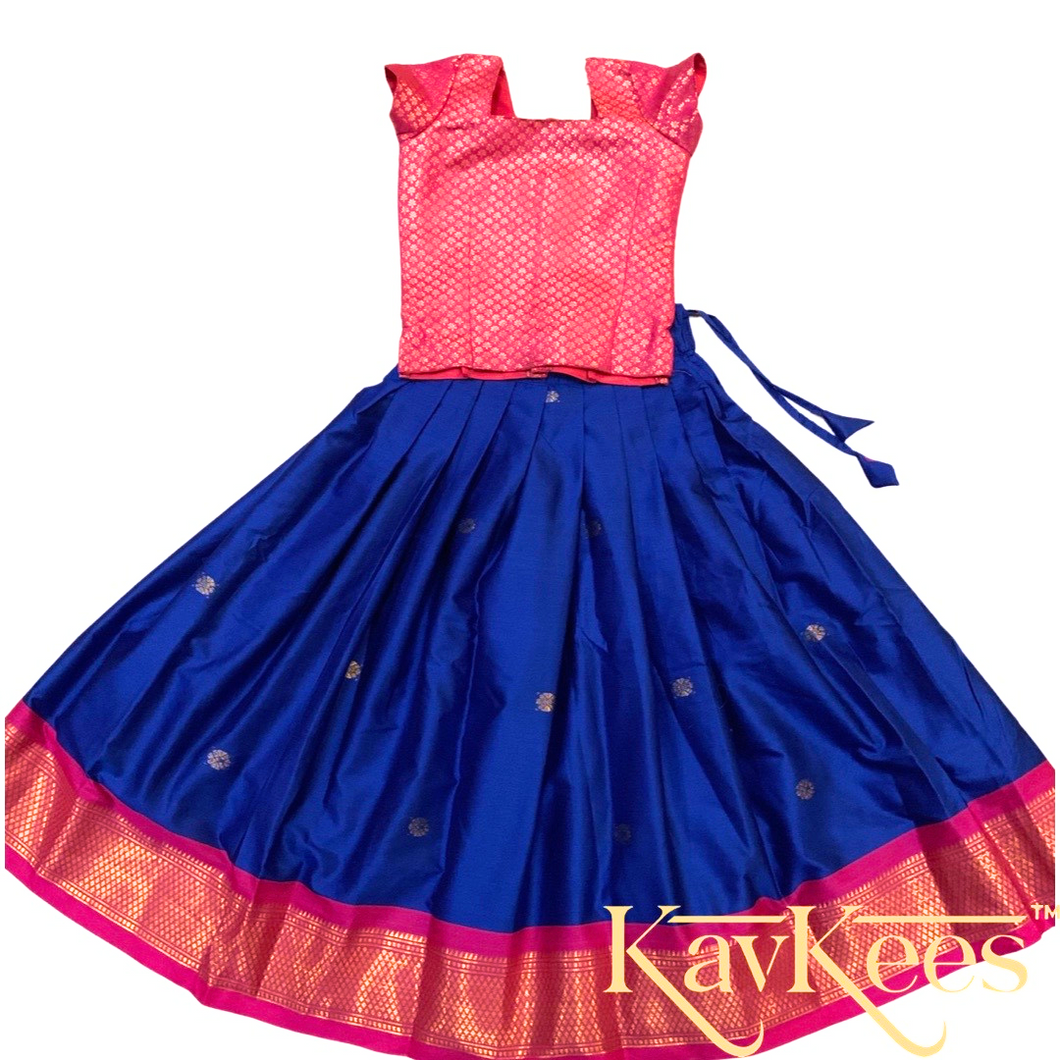 Collection Mahathi - Royal Blue with Hot Pink Border Paithani Silk Cotton Skirt and Hot Pink coloured Brocade Blouse