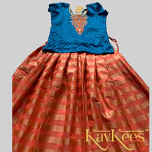 Load image into Gallery viewer, Collection Rekha - Rose Pink colour skirt having gold stripes with Cobalt Blue Cotton Brocade Embroidered Blouse
