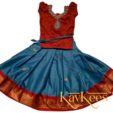Load image into Gallery viewer, Collection Mahathi - Sky Blue with Red Border and Bright Red Dupion Blouse with Embroidery
