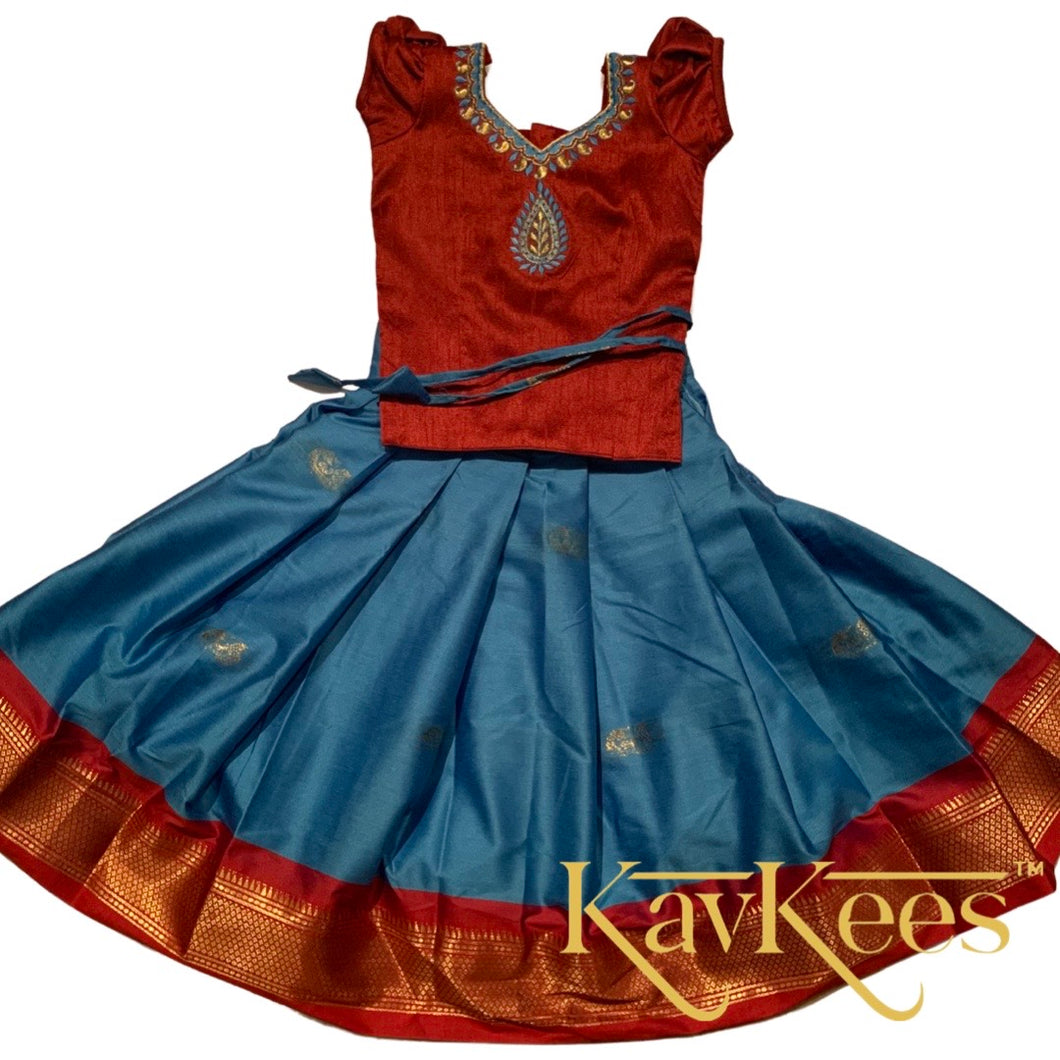 Collection Mahathi - Sky Blue with Red Border and Bright Red Dupion Blouse with Embroidery