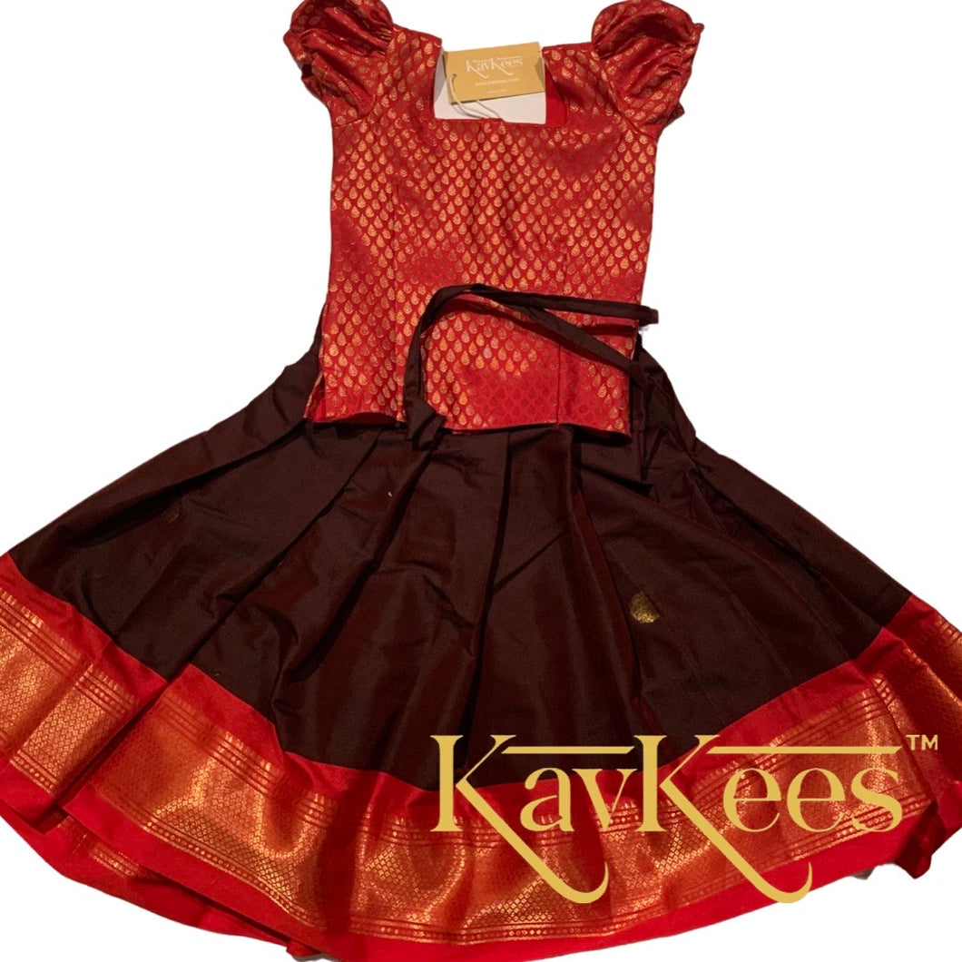 Collection Mahathi - Dark Brown with Bright Red Paithani Silk Cotton Skirt and Red Brocade Blouse