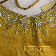 Load image into Gallery viewer, Collection Chakori- Golden Brown Checks patterned long bordered skirt with Golden Brown Dupioni/ Dupion Silk Blouse with Embroidery
