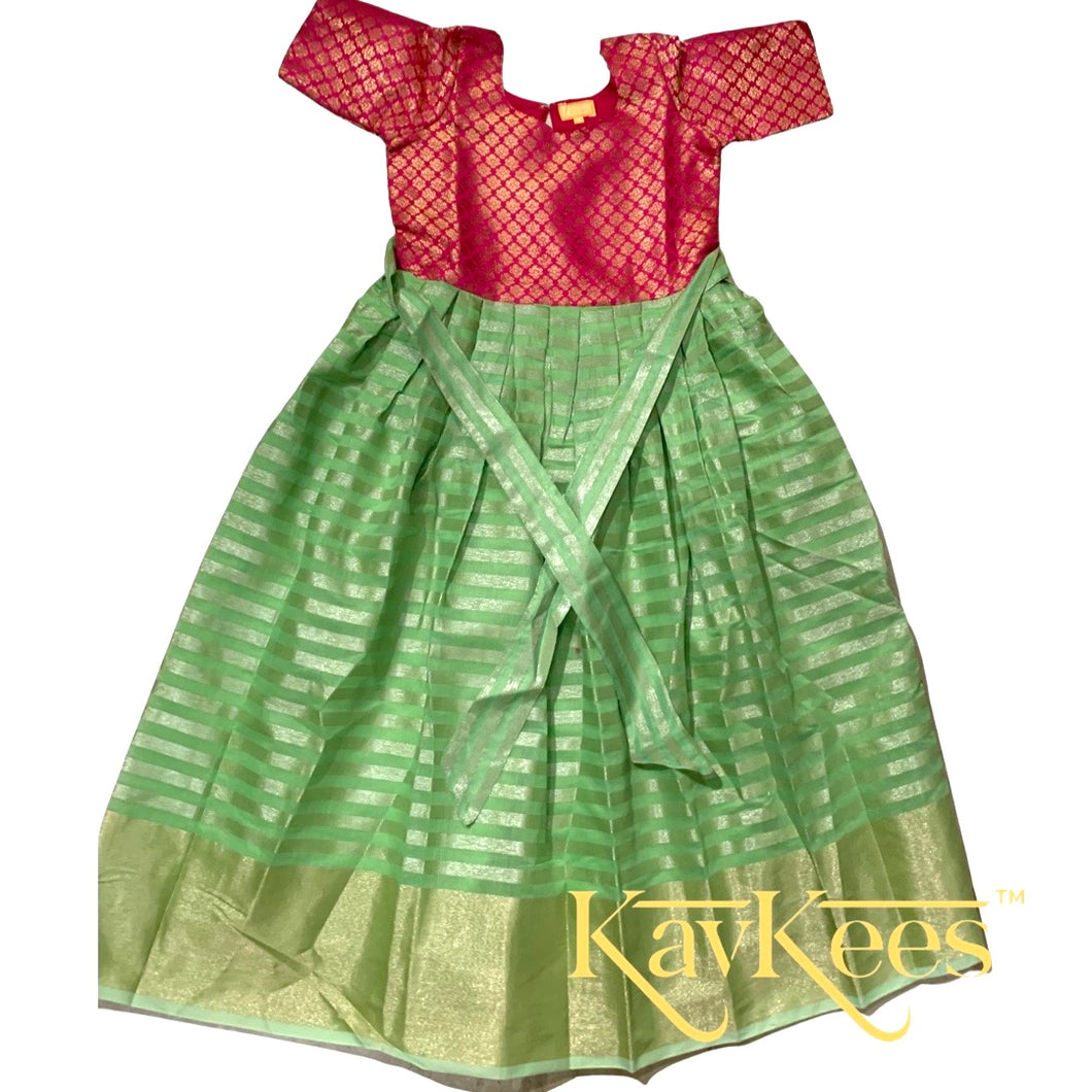 Collection Gowri - Bright Green Gold Stripes Chanderi Silk Cotton Long Frock/Gown with Hot Pink Gold Brocade Bodice