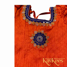 Load image into Gallery viewer, Collection Chandira- Violet Chanderi Cotton Silk Skirt with Bright Orange Cotton Brocade Blouse with Embroidery
