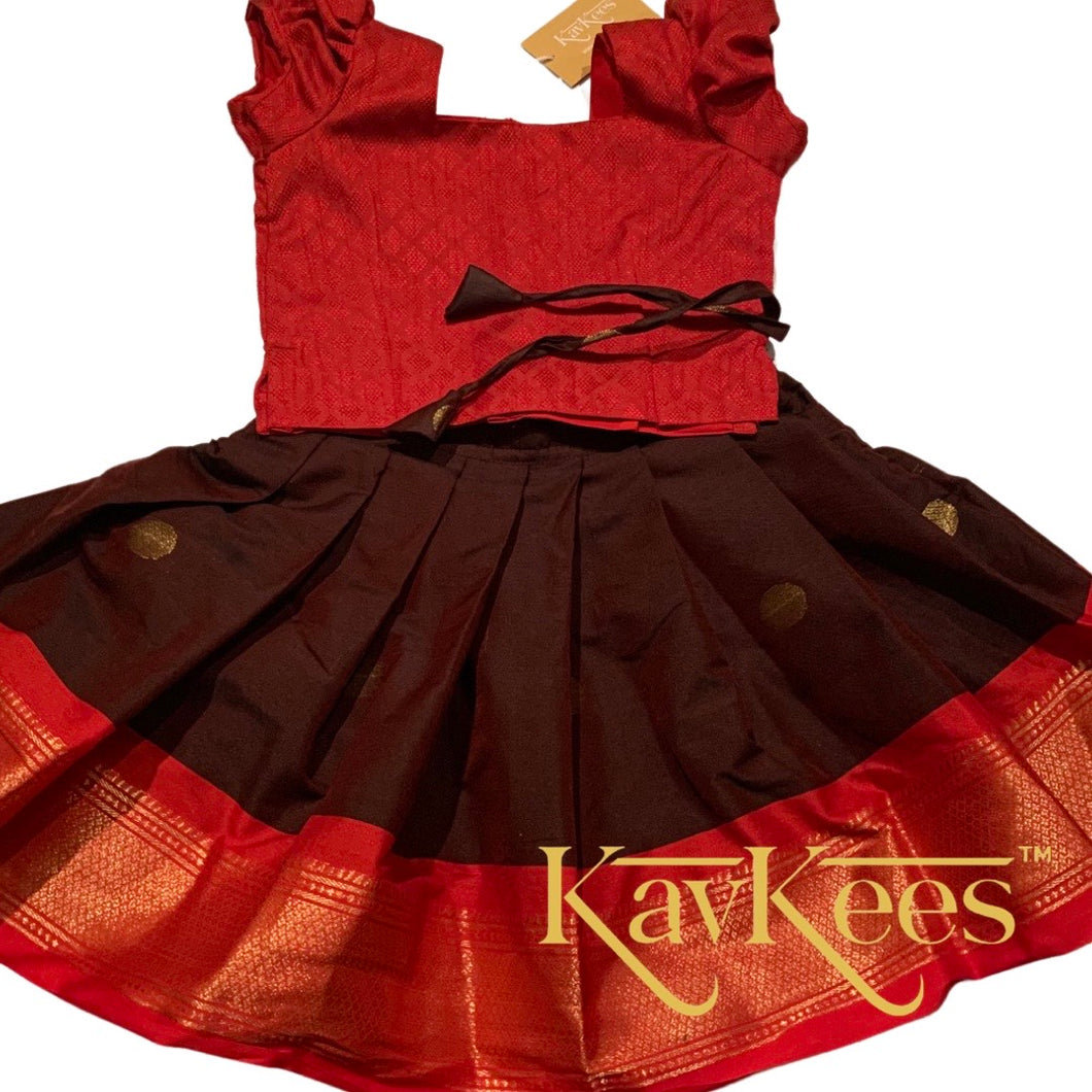 Collection Mahathi - Dark Brown with Bright Red Paithani Silk Cotton Skirt and Red Cotton Brocade Blouse