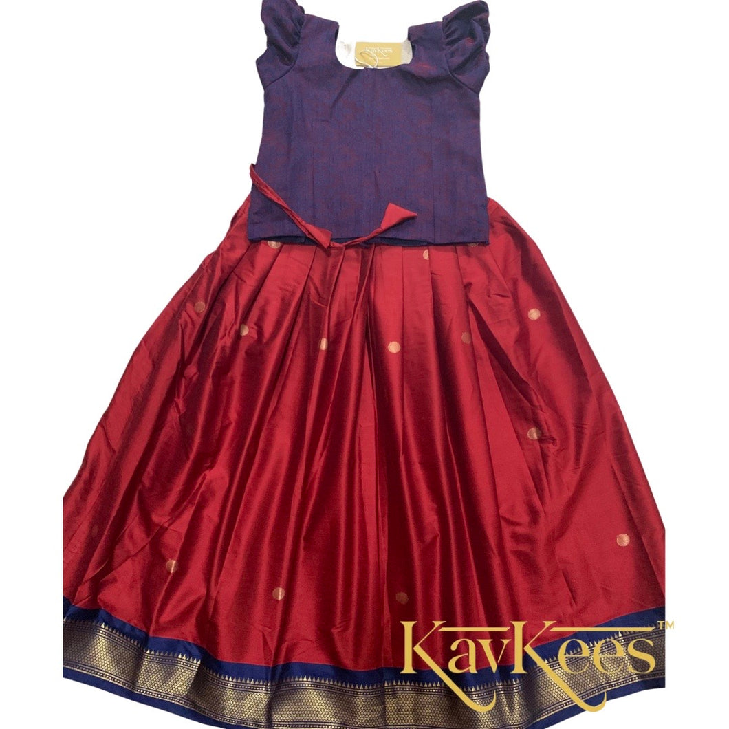 Collection Mahathi-Crimson Red with Navy Blue Bordered Paithani Skirt and Red-Blue Cotton Brocade Blouse