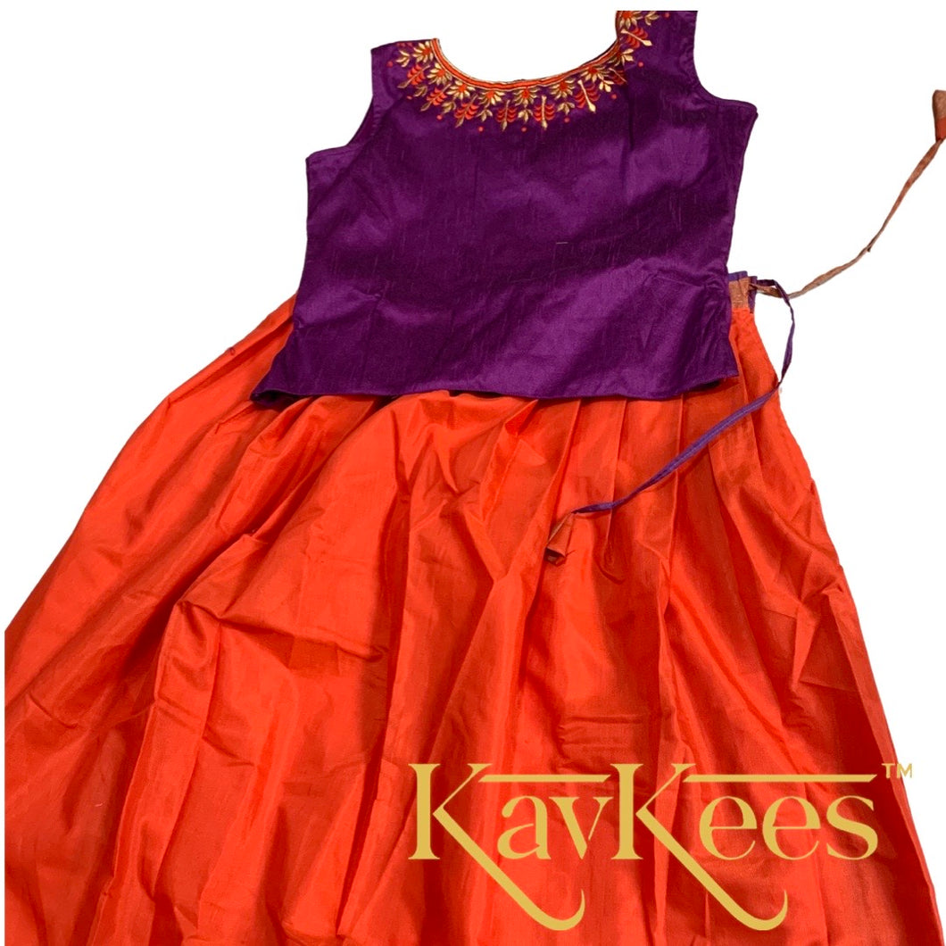 Collection Chandira- Orange Chanderi Cotton Silk Skirt with Purple Dupion Silk Blouse with Embroidery