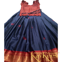 Load image into Gallery viewer, Collection Mahathi - Navy Blue Skirt with Maroon Border and Maroon Red Cotton Brocade Blouse
