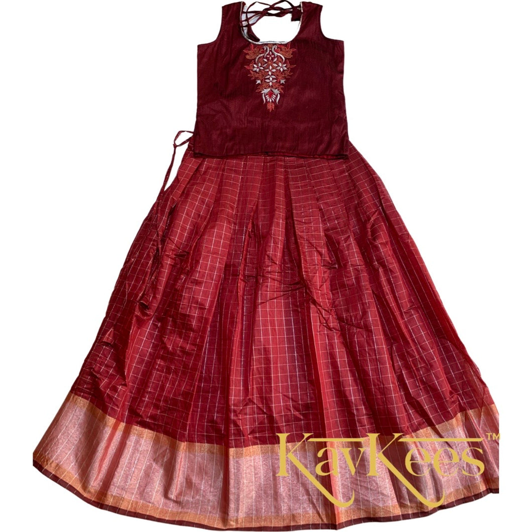 Collection Chakori - Maroon Red all-over Silver, Gold checkered Skirt with Maroon Embroidered Blouse
