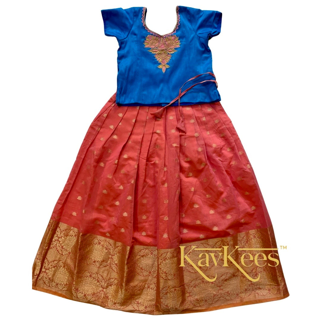 Collection Chandira- Rose Pink Chanderi Cotton Silk with Bright Blue Dupion Silk Blouse