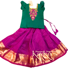 Load image into Gallery viewer, Collection Chakori - Magenta/Purple Checks-patterned Skirt having a Benarasi Border with Green Embroidered Blouse-peacock
