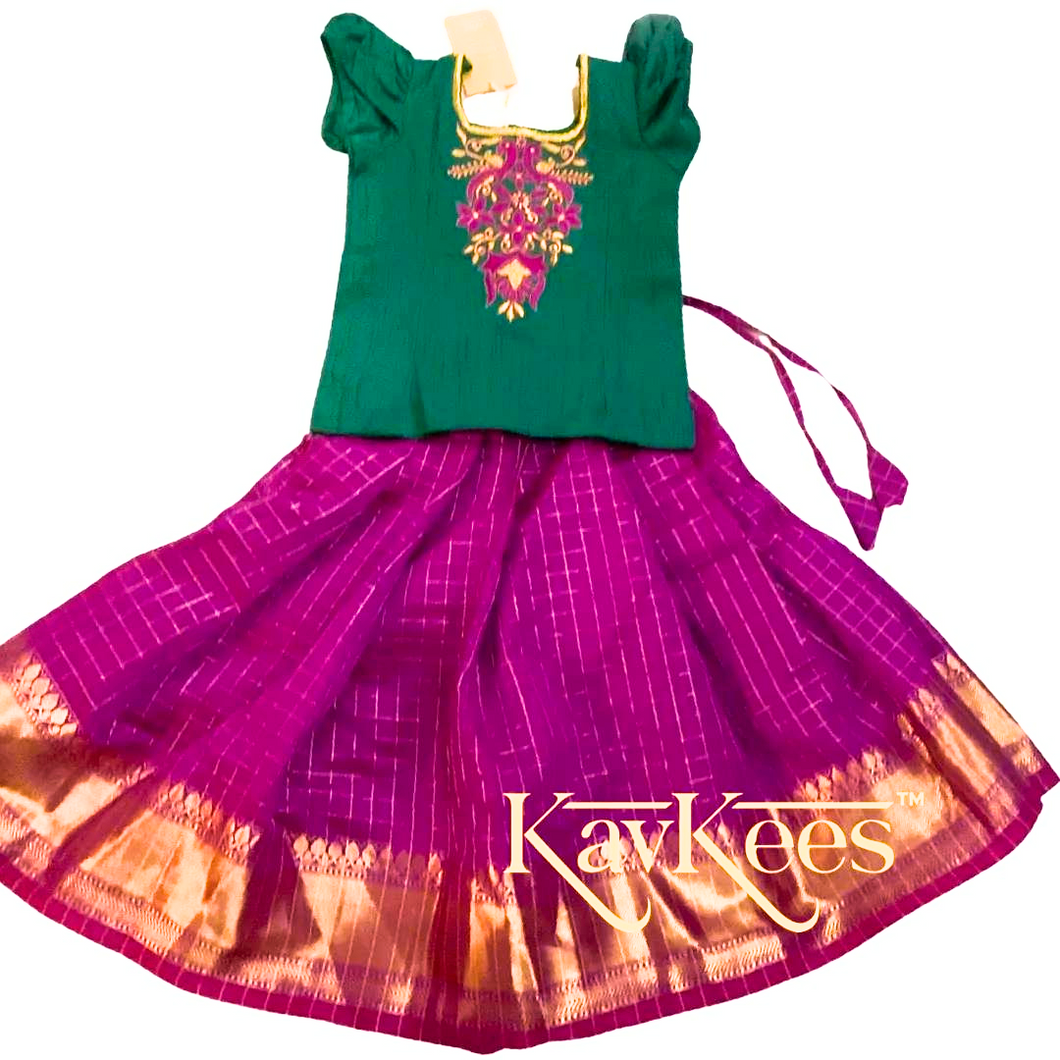 Collection Chakori - Magenta/Purple Checks-patterned Skirt having a Benarasi Border with Green Embroidered Blouse-peacock