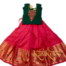 Load image into Gallery viewer, Collection Chakori - Tomato Red Checks-patterned Skirt having a long Benarasi Border with Leaf Green Embroidered Dupion Blouse -peacock embroidery
