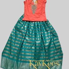 Load image into Gallery viewer, Collection Rekha - Turquoise Green Stripes with Taffy Pink Embroidered Brocade Blouse
