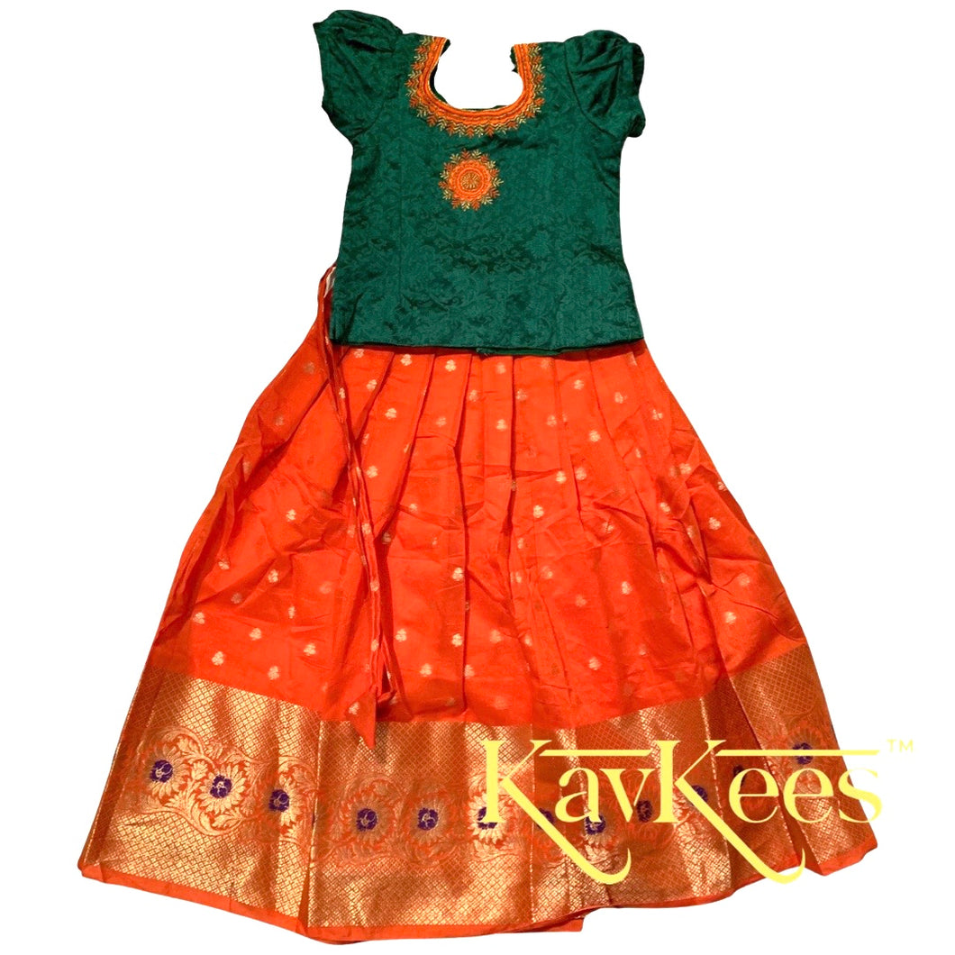 Collection Chandira- Bright Orange Chanderi Cotton Silk with Leaf Green Cotton Brocade Blouse