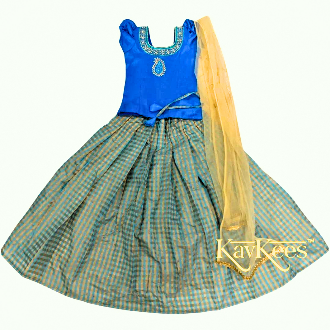 Collection Chakori - Blue and Beige Checks-patterned Lehenga with Bright Blue Embroidered Blouse with Beige Net Dupatta