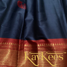 Load image into Gallery viewer, Collection Mahathi - Navy Blue Skirt with Maroon Border and Maroon Red Cotton Brocade Blouse
