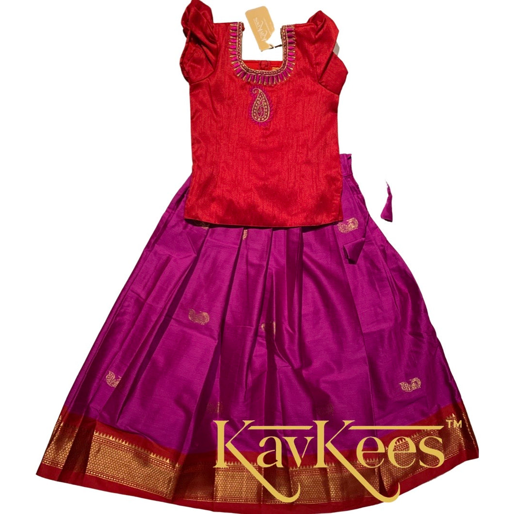 Collection Mahathi - Purple with Red Border and Bright Red Dupion Blouse with Gold Embroidery