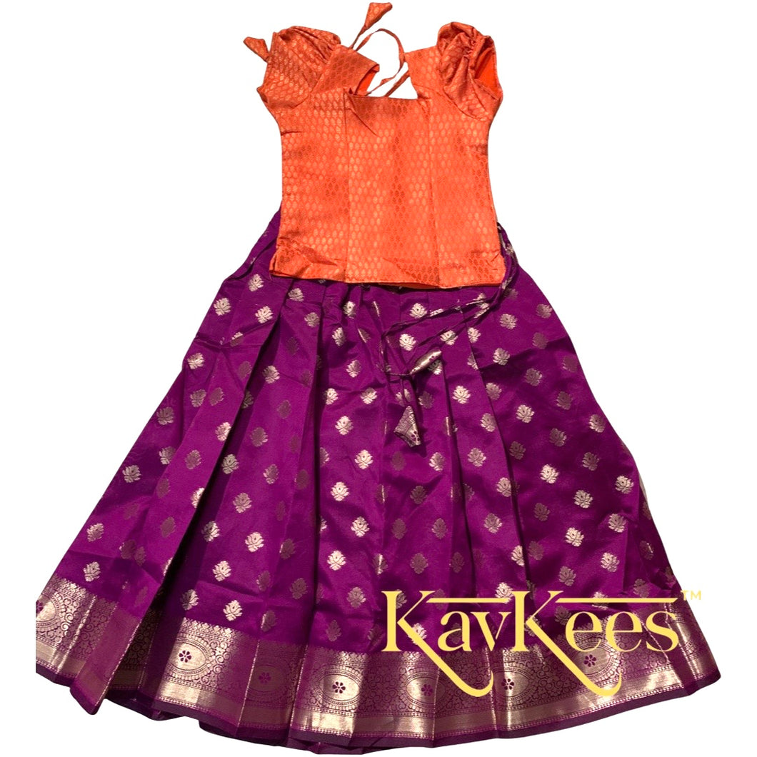 Collection Varna - Deep Purple Skirt with intricate motiffs and border with Bright Orange Silk Brocade Blouse