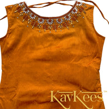 Load image into Gallery viewer, Collection Chakori - Deep brown all over Silver, Gold checkered Skirt with Honey Yellow Embroidered Sleeveless Blouse
