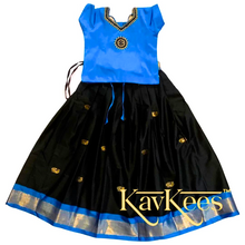 Load image into Gallery viewer, Collection Mahathi - Black with Bright Blue Border Silk Cotton Skirt and Bright Blue Blouse with Embroidery
