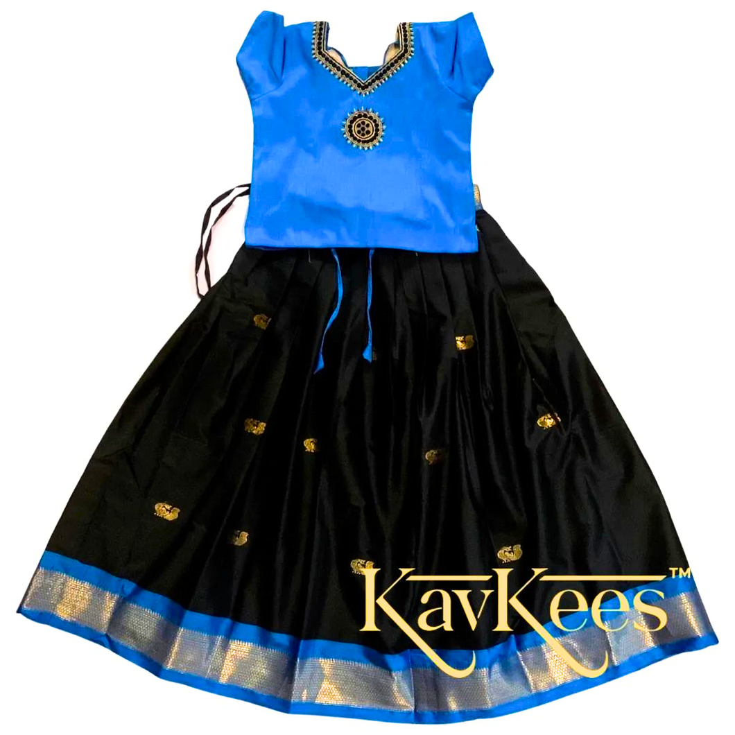 Collection Mahathi - Black with Bright Blue Border Silk Cotton Skirt and Bright Blue Blouse with Embroidery