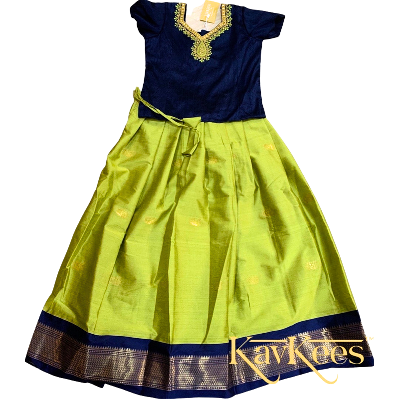 Collection Mahathi - Bright Olive with Navy Blue Border Silk Cotton Skirt and Navy Blue Blouse with Embroidery