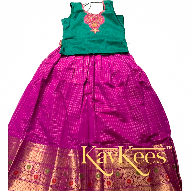 Collection Chakori - Magenta/Purple Checks-patterned Skirt having a long Benarasi Border with Green Embroidered Blouse